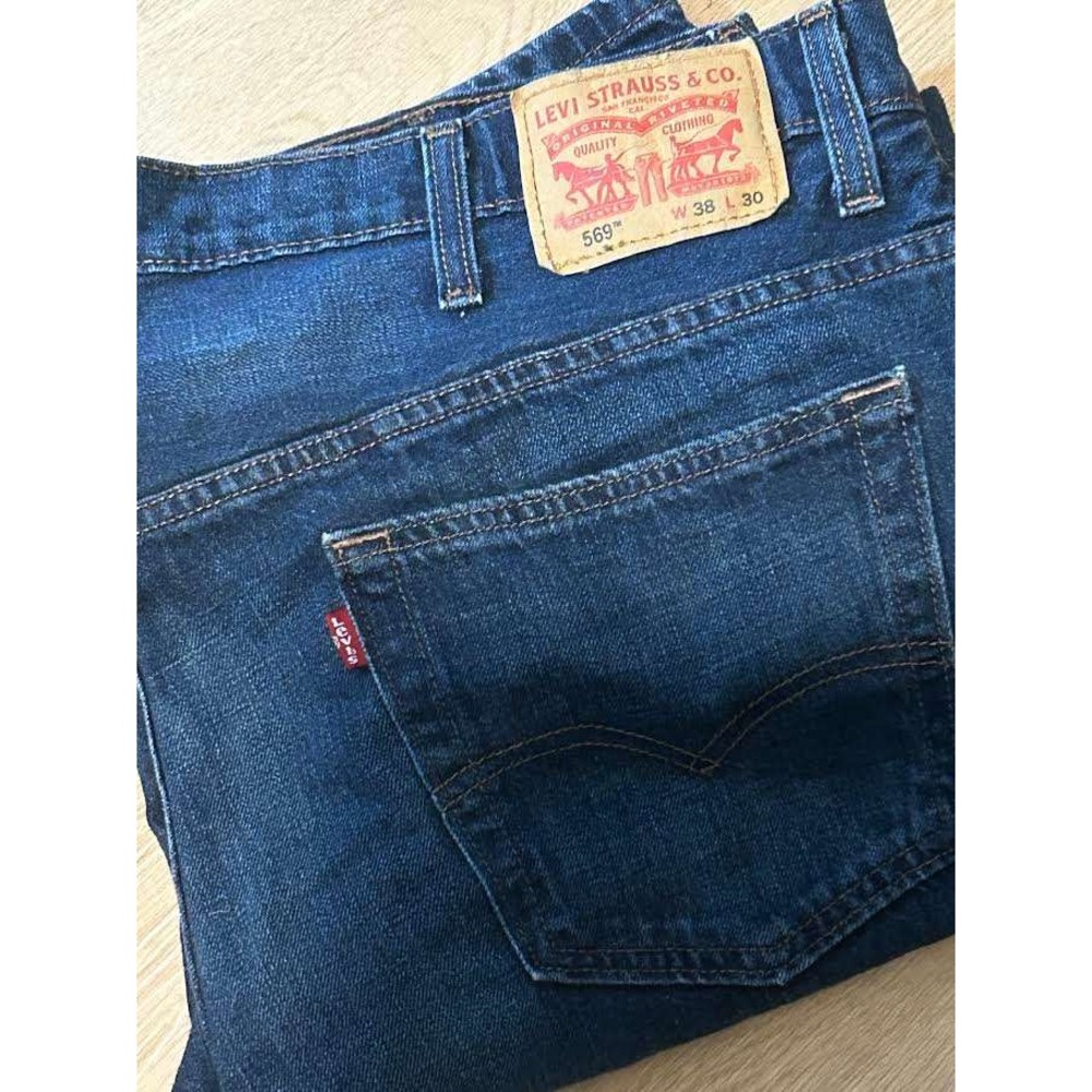 Levi Strauss 569 Loose Straight Leg Jeans 38x30 Dark Wash Blue Denim Whisker
